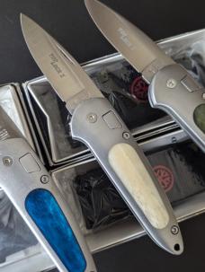 LOT OF 4 BOKER TOP LOCK II AUTOMATICS IN GREEN, RED, WHITE AND BLUE BONE MADE IN GERMANY