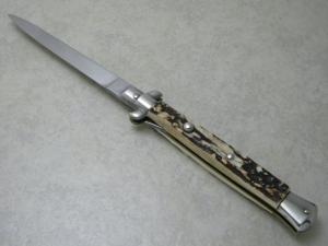 INOX 10 3/4" Stag Button Close Italian Stiletto Switchblade Knife