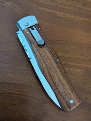 MIKOV PREDATOR LEVER ACTION AUTO TAPERED COCOBOLO SCALES, FILEWORK, SHAVED PINS, 3.75" POLISHED BAYO