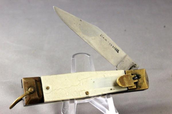 AUTOMATIC KNIFE by UNKNOWN MAKER, Faux-Pearl Handles, Brass Bolsters, Free Shipping, No Tax AUTOMATIC KNIFE by UNKNOWN MAKER, Faux-Pearl Handles, Brass Bolsters, Free Shipping, No Tax