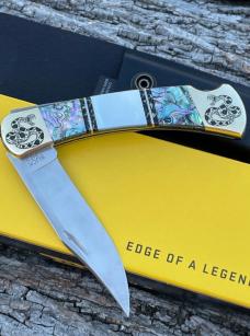 BUCK 110 ** BRIAN YELLOWHORSE CUSTOM RATTLESNAKE MOTHER OF PEARL/ABALONE BRASS BOLSTERS