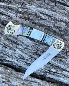 BUCK 110 ** BRIAN YELLOWHORSE CUSTOM RATTLESNAKE MOTHER OF PEARL/ABALONE BRASS BOLSTERS