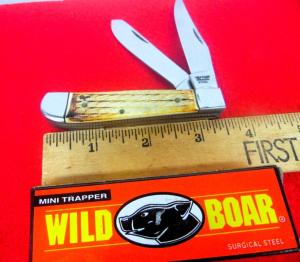 WILD BOAR 3-1/2" MINI TRAPPER CAMEL BONE IN BOX FROM A FEW YEARS BACK NEVER USED FROM STORAGE