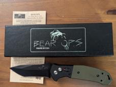 NIB Bear OPS Bold Action V Recurve Tanto Automatic Knife Black/Green G-10 (3.75" Black)