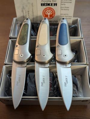 LOT OF 3 1990'S BOKER TOP LOCK II CONVERSION AUTOS IN GREEN, WHITE AND BLUE BONE MADE IN GERMANY 