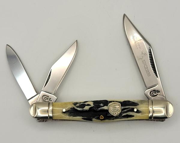  Colt CT244 Whittler 3 Blade Black Stag Bone Handle Folding Pocket Knife    #38