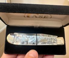 1998 Case XX Mother of Pearl Trapper w/ Scrimshawed Deer Scene on Front and Plain MOP on back. Mint!