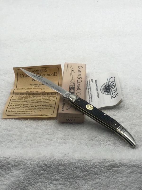Vintage Camillus Classic Cartridge Knife CCC-3 1993 7mm Mauser Cartridge Shield Vintage Camillus Classic Cartridge Knife CCC-3 1993 7mm Mauser Cartridge Shield