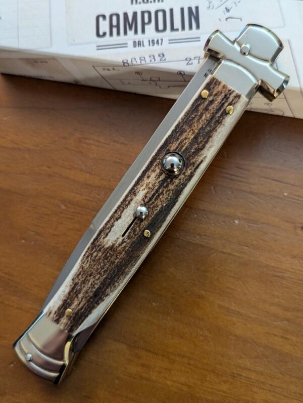 NIB 11"- 28 cm A.G.A. Campolin Euro Stag Horn Maltese Automatic Lockback Stiletto NIB 11"- 28 cm A.G.A. Campolin Euro Stag Horn Maltese Automatic Lockback Stiletto