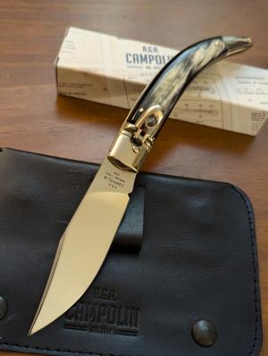 NEW IN BOX BLACK & WHITE BRAZILIAN HORN AGA CAMPOLIN DIANA LEVERLOCK AUTO WITH SHEATH 