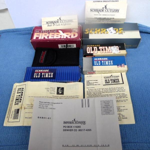 CLEARING OUT SAVE DOLLARS "5" USED SCHRADE-OLD TIMER BOXES AND PAPER WORK IN USEABLE CONDITION  