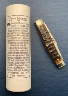 City Stock Stockman Pocket Knife. Charlie C. Special Factory Order. Dark Chestnut Jigged Bone Scales City Stock Stockman Pocket Knife. Charlie C. Special Factory Order. Dark Chestnut Jigged Bone Scales
