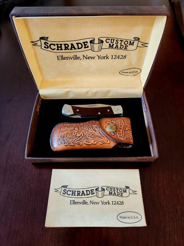 Vintage Schrade + USA SCM5 Custom Made with Etched Bolsters/Fancy Tooled Sheath Vintage Schrade + USA SCM5 Custom Made with Etched Bolsters/Fancy Tooled Sheath