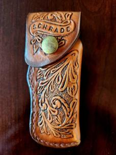 Vintage Schrade + USA SCM5 Custom Made with Etched Bolsters/Fancy Tooled Sheath Vintage Schrade + USA SCM5 Custom Made with Etched Bolsters/Fancy Tooled Sheath