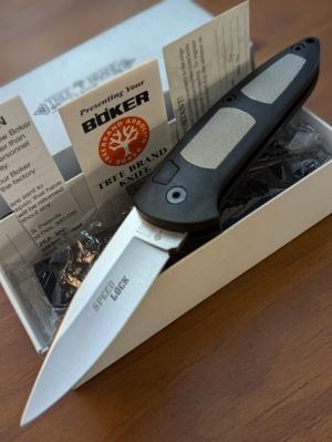 ORIGINAL GERMAN MADE 1990'S BOKER SPEED LOCK AUTOMATIC 707 BLACK KRATON LIGHTWEIGHT SCALES  NIB 