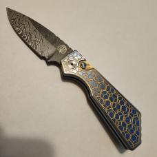 Pro-Tech 2024 Strider PT+ Custom 006 Auto Gridlock Textured Blue/Gold Titanium Handle Damascus Blade