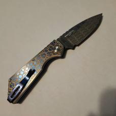 Pro-Tech 2024 Strider PT+ Custom 006 Auto Gridlock Textured Blue/Gold Titanium Handle Damascus Blade