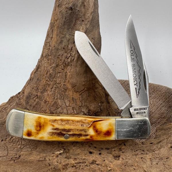 Vtg Ole Smoky USA SM1210 Stag 2 Blade Trapper Folding Pocket Knife Camillus (30) Vtg Ole Smoky USA SM1210 Stag 2 Blade Trapper Folding Pocket Knife Camillus (30)