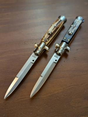 A PAIR OF 18CM-7 INCH PICKLOCKS MADE IN MANIAGO ITALIAN STILETTOS IN FAT STAG/FAT BRAZILIAN HORN 