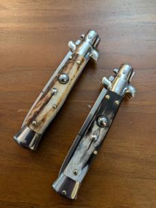 A PAIR OF 18CM-7 INCH PICKLOCKS MADE IN MANIAGO ITALIAN STILETTOS IN FAT STAG/FAT BRAZILIAN HORN A PAIR OF 18CM-7 INCH PICKLOCKS MADE IN MANIAGO ITALIAN STILETTOS IN FAT STAG/FAT BRAZILIAN HORN