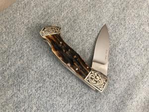 Vintage DAVE RICKE, West Bend, WI, Stag Handle, Engraved, File-Worked, Lockback Folding Hunter