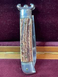 Vintage Italian ROSTFREI shell puller lever automatic knife with faux stag scales