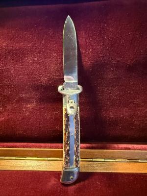 Vintage Italian ROSTFREI shell puller lever automatic knife with faux stag scales