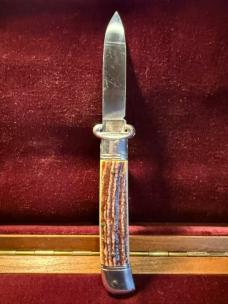 Vintage Italian ROSTFREI shell puller lever automatic knife with faux stag scales