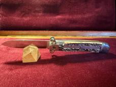 Vintage Italian ROSTFREI shell puller lever automatic knife with faux stag scales