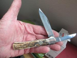 VTG WEIDMANNSHEIL Germany STAG ANTLER Secret (press down) Lockback 2 Blade Knife