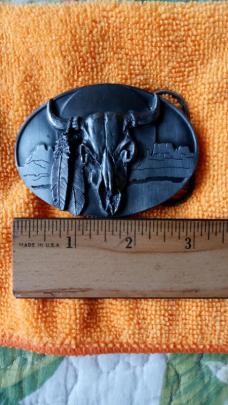 Arroyo Grande Belt Buckle Co. Southwest Steer Skull w Feathers 1989 Vintage New Made in U.S.A. Arroyo Grande Belt Buckle Co. Southwest Steer Skull w Feathers 1989 Vintage New Made in U.S.A.