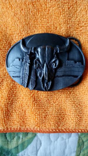  Arroyo Grande Belt Buckle Co. Southwest Steer Skull w Feathers 1989 Vintage New Made in U.S.A.