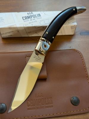 NIB AGA CAMPOLIN DIANA LEVERLOCK AUTO IN ALL BLACK BRAZILIAN HORN WITH BOX AND SHEATH 