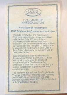 Set of 5 1988 Case Rainbow Knives with COA Set of 5 1988 Case Rainbow Knives with COA