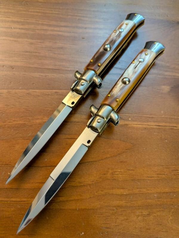 DUO OF FRANK BELTRAME 23CM 9" BAYONET & DAGGER STILETTO SET FRENCH HONEY HORN AUTOMATICS...NEW DUO OF FRANK BELTRAME 23CM 9" BAYONET & DAGGER STILETTO SET FRENCH HONEY HORN AUTOMATICS...NEW