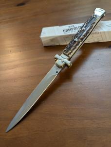 NIB 11"- 28 cm A.G.A. Campolin Alpine Stag Horn Maltese Automatic Lockback Stiletto NIB 11"- 28 cm A.G.A. Campolin Alpine Stag Horn Maltese Automatic Lockback Stiletto