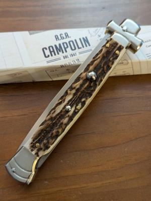  NIB 11"- 28 cm A.G.A. Campolin Alpine Stag Horn Maltese Automatic Lockback Stiletto