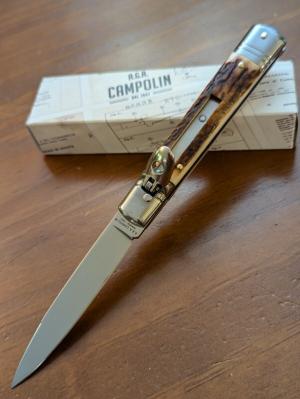 NEWEST NIB. A.G.A. CAMPOLIN ITALIAN MADE SLIMLINE LEVERLOCK 8" 20CM STAG AUTOMATIC 