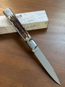 NEWEST NIB. A.G.A. CAMPOLIN ITALIAN MADE SLIMLINE LEVERLOCK 8" 20CM STAG AUTOMATIC NEWEST NIB. A.G.A. CAMPOLIN ITALIAN MADE SLIMLINE LEVERLOCK 8" 20CM STAG AUTOMATIC