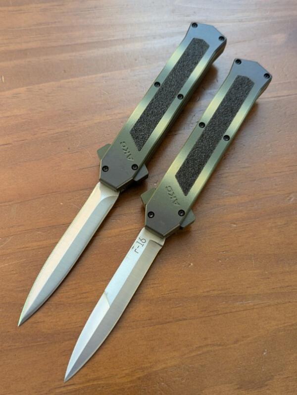 AKC MADE IN MANIAGO ITALY CAMOUFLAGE F-16'S OTF SET, 1 SATIN DAGGER, 1 SATIN BAYONET...NEW AKC MADE IN MANIAGO ITALY CAMOUFLAGE F-16'S OTF SET, 1 SATIN DAGGER, 1 SATIN BAYONET...NEW