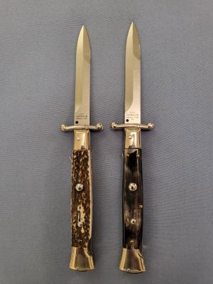 *NOS* AGA Campolin (2) 23cm/9" SWINGUARD w/BAYONET STAG/HORN AUTO ITALIAN STILETTO