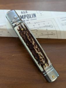 NEWEST NIB. A.G.A. CAMPOLIN ITALIAN MADE SLIMLINE LEVERLOCK 8" 20CM STAG AUTOMATIC NEWEST NIB. A.G.A. CAMPOLIN ITALIAN MADE SLIMLINE LEVERLOCK 8" 20CM STAG AUTOMATIC