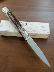 NEWEST NIB. A.G.A. CAMPOLIN ITALIAN MADE SLIMLINE LEVERLOCK 8" 20CM STAG AUTOMATIC NEWEST NIB. A.G.A. CAMPOLIN ITALIAN MADE SLIMLINE LEVERLOCK 8" 20CM STAG AUTOMATIC