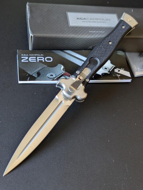 NIB AGA CAMPOLIN 9INCH-23CM ZERO IN BLACK G-10 SCALES W/BOHLER N690 SATIN DAGGER BLADE NIB AGA CAMPOLIN 9INCH-23CM ZERO IN BLACK G-10 SCALES W/BOHLER N690 SATIN DAGGER BLADE
