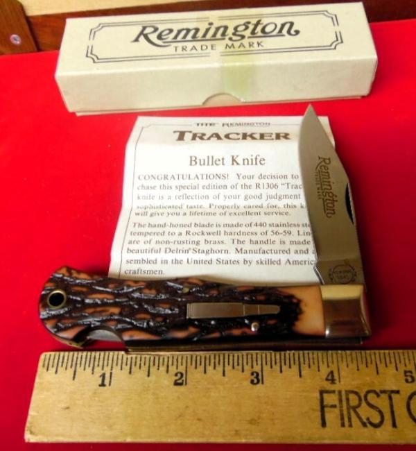 REMINGTON USA R1306 BULLET LOCKBACK KNIFE TRACKER IN BOX MINT WITH PAPERS REMINGTON USA R1306 BULLET LOCKBACK KNIFE TRACKER IN BOX MINT WITH PAPERS