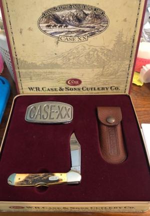New In Tin Display 1997 Case Large Stag Copperlock With Sheath And Belt Buckle