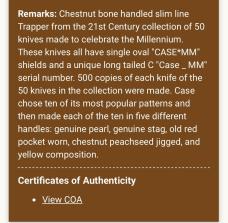2000 Case Millennium Slimline Trapper w/Chestnut Bone Handles, Special MM Shield & Serial #.500 Made 2000 Case Millennium Slimline Trapper w/Chestnut Bone Handles, Special MM Shield & Serial #.500 Made