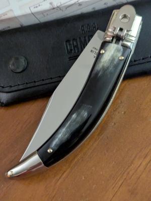 NEW IN BOX BLACK & WHITE BRAZILIAN HORN AGA CAMPOLIN DIANA LEVERLOCK AUTO WITH SHEATH 