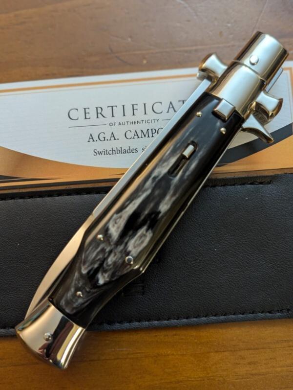 NEW AGA CAMPOILN BLACK WIDOW IN BLACK BRAZILIAN HORN 28CM-11INCH WITH 5MM BACK AND KICK SPRING NEW AGA CAMPOILN BLACK WIDOW IN BLACK BRAZILIAN HORN 28CM-11INCH WITH 5MM BACK AND KICK SPRING