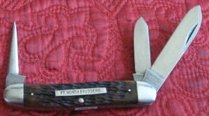 CATTARAUGUS 3 bl stock knife. Bone scales w/Ft. Worth Spudders shield